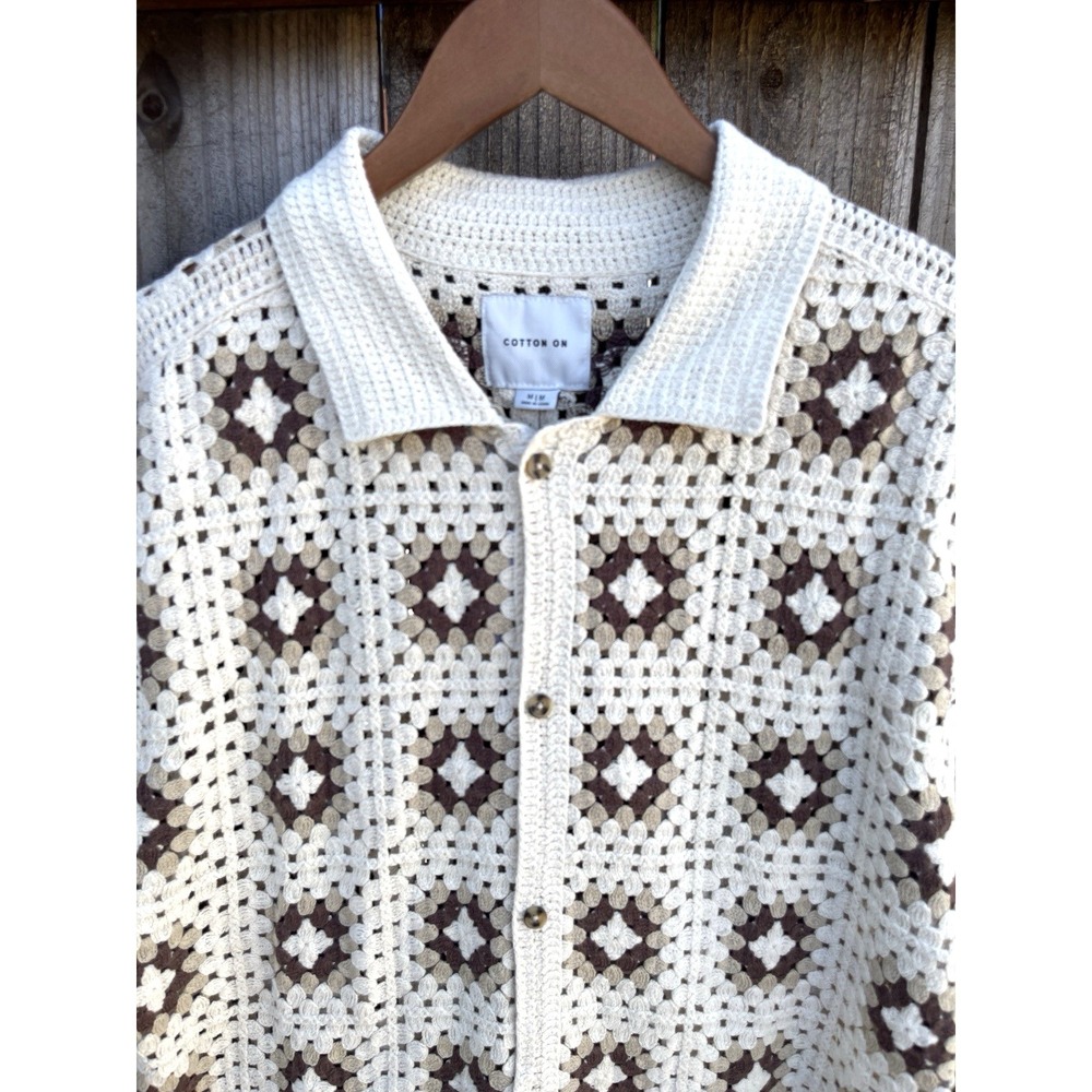 NWT Cotton On Mens Button Down Crochet Havana Shirt Sz M Granny Square Grampcore - Picture 3 of 9